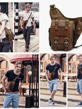 Casual Brown Canvas & Leather Messenger Bag for Men